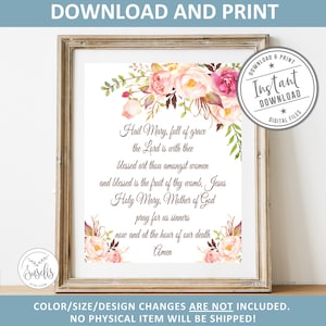 Printable, Hail Mary Prayer, Watercolor Flowers Print sign, Christian Poster, Catholic art, Bible Verse, Instant download, DIGITAL FILES