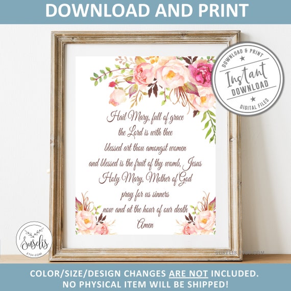Printable Hail Mary Prayer Watercolor Flowers Print Sign | Etsy