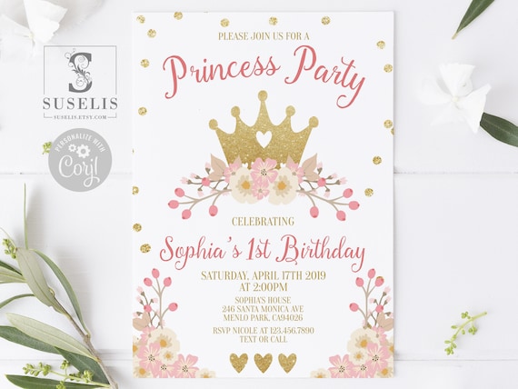 EDITABLE Princess Birthday Invitation, Template, Gold Princess Invite, Pink Flowers, Instant Download, Printable card, Digital files, 10-031