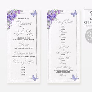 EDITABLE Program Template, Purple Flowers, Quinceañera, Sweet Sixten, Butterfly, Sweet 16, Mis Quince, Printable, Instant Download, QU070