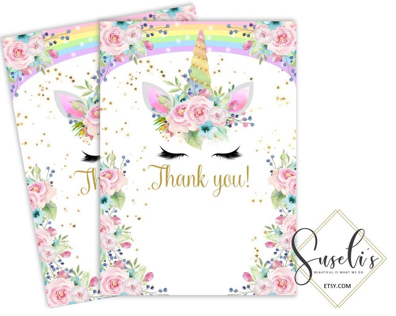 printable unicorn rainbow thank you card unicorn face etsy