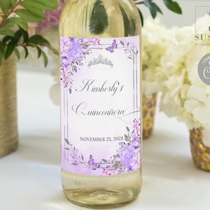 EDITABLE Quinceañera Wine Bottle Label Template, Purple Pink Flowers, Butterfly, Mis Quince, Favor labels, Instant Download, Digital, QU058