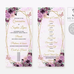 EDITABLE Program Template, Purple Flowers, Butterfly, Quinceañera, 15th Birthday, Sweet 16, Mis Quince, Printable, Instant Download, QU054D