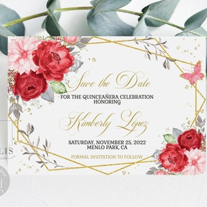Editable Quinceañera Save the Date Card Template, Red Roses Flowers, Butterfly, Sweet 16, 15th Birthday, Printable, Instant Download, QU157