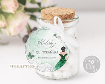 Editable Quinceanera Tag, Thank You, Emerald Gift tag, Mis Quince Anos, 15th Birthday, Butterfly, Corjl Template, Instant Download QU069E