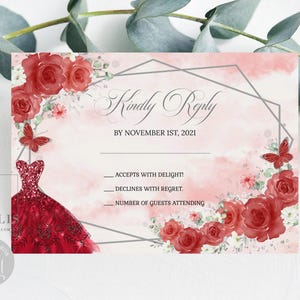 Editable RSVP Card, Kindly Reply, Ruby Red Flowers, Butterfly, Mis Quince Anos, 15th Birthday, Corjl Template, Instant Download, QU054F