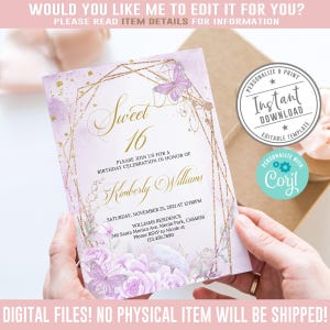 EDITABLE Sweet Sixteen Invitation, Gold Pink Flowers Butterfly, Sweet 16 Invite, 16th Birthday, Instant Download, Corjl Template, SW16023