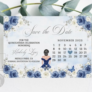 Editable Calendar Save the Date Card Template, Blue Flowers, Quinceañera, Sweet 16, Quince, 15th Birthday, Printable Instant Download, QU084