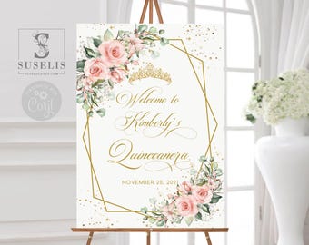 EDITABLE Quinceañera Welcome Sign Template, Blush Flowers, Sweet 16, Signage, Mis Quince, Sweet Sixteen, Printable, Instant Download, SU022