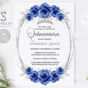 EDITABLE Quinceanera Invitation Template, Royal Blue Flowers, Silver Glitter, Sweet 16, 15th Birthday, Printable, Instant Download, QU166