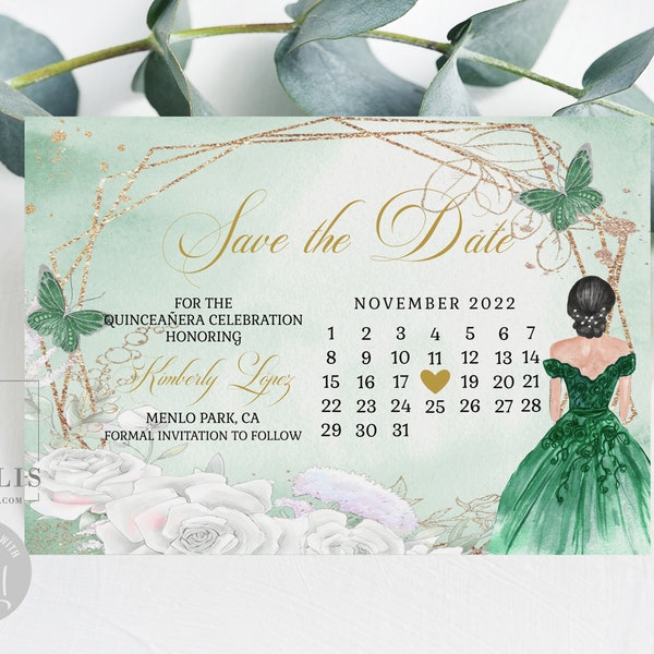 Editable Save the Date Card Calendar Template, Emerald Green Flowers, Sweet 16, Save the Day, Mis Quince, Printable Instant Download, QU069E