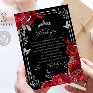 EDITABLE TEMPLATE Thank you Card, Flat, 4x6", Ruby Red Flowers, Sweet 16, Mis Quince, 15th Birthday, Printable, Instant Download, QU140
