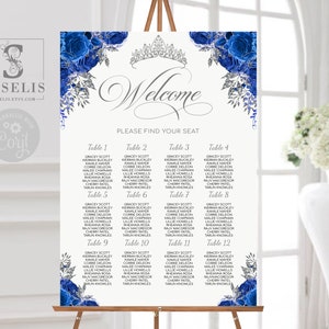 EDITABLE Seating Chart Template, Table Plan, Royal Blue Flowers, Floral Seating Chart, Edit Yourself, Printable, Instant download, QU121B