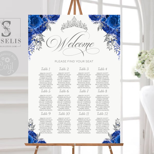 EDITABLE Seating Chart Template, Table Plan, Royal Blue Flowers, Floral Seating Chart, Edit Yourself, Printable, Instant download, QU121B