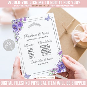 EDITABLE Lista de padrinos, List of Godparents, Purple Silver Floral, Butterfly, Mis Quince, 15th Birthday, Corjl Template, Instant QU054