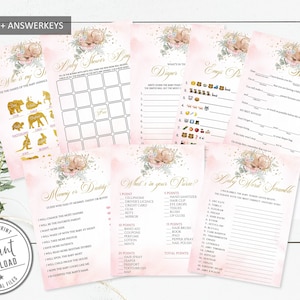 Printable Oh Deer Baby Shower Game Bundle, Pack of 8, Blush Pink Flowers Theme, Baby Girl, Shower Activity, Instant Download, DIGITAL BS247