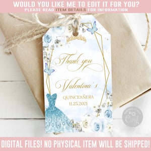 Editable Quinceanera Favor Tag, Baby Blue, Gift tag, Mis Quince Anos, 15th Birthday, Butterfly, Corjl Template, Instant Download, QU054A