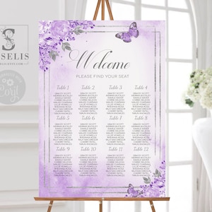 EDITABLE Seating Chart Template, Seating Plan, Table Plan, Purple Silver Flowers, Quinceañera, Sweet 16, Instant download, Printable QU058