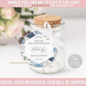 Editable Quinceanera Tag, Thank You, Silver Blue Gift tag, Mis Quince Anos, 15th Birthday, Butterfly, Corjl Template, Instant Download QU110