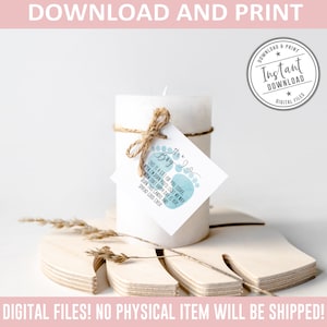 Printable Candle Tags, Baby Shower Favor Tags, Square Tags, Stickers, Instant Download, Watercolor Baby Boy Footprints, DIGITAL FILE BS147