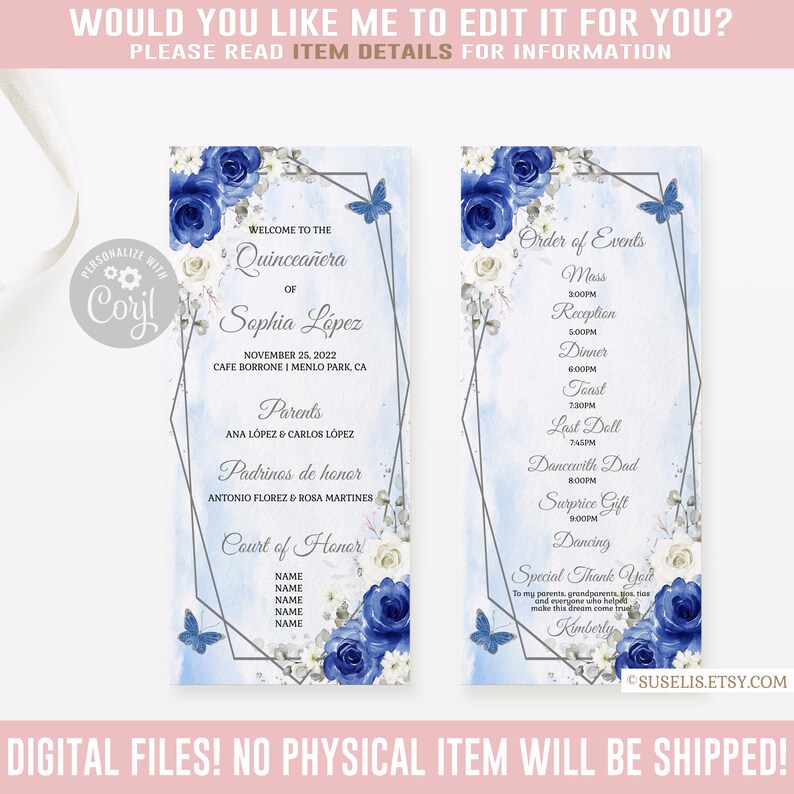 EDITABLE Program Quinceañera Corjl Template 15th Birthday Etsy