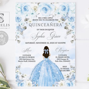 EDITABLE Quinceanera Invitation + Back Template, Baby Blue Silver Flowers, Mis Quince 15th Birthday, Printable, Instant Download QU136