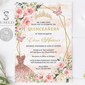 EDITABLE Template Quinceanera Invitation + Back, Blush Pink Flowers, Butterfly, Sweet 16, Mis Quince, Printable, Instant Download, QU054B