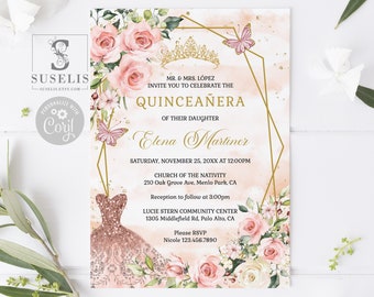 EDITABLE Template Quinceanera Invitation + Back, Blush Pink Flowers, Butterfly, Sweet 16, Mis Quince, Printable, Instant Download, QU054B