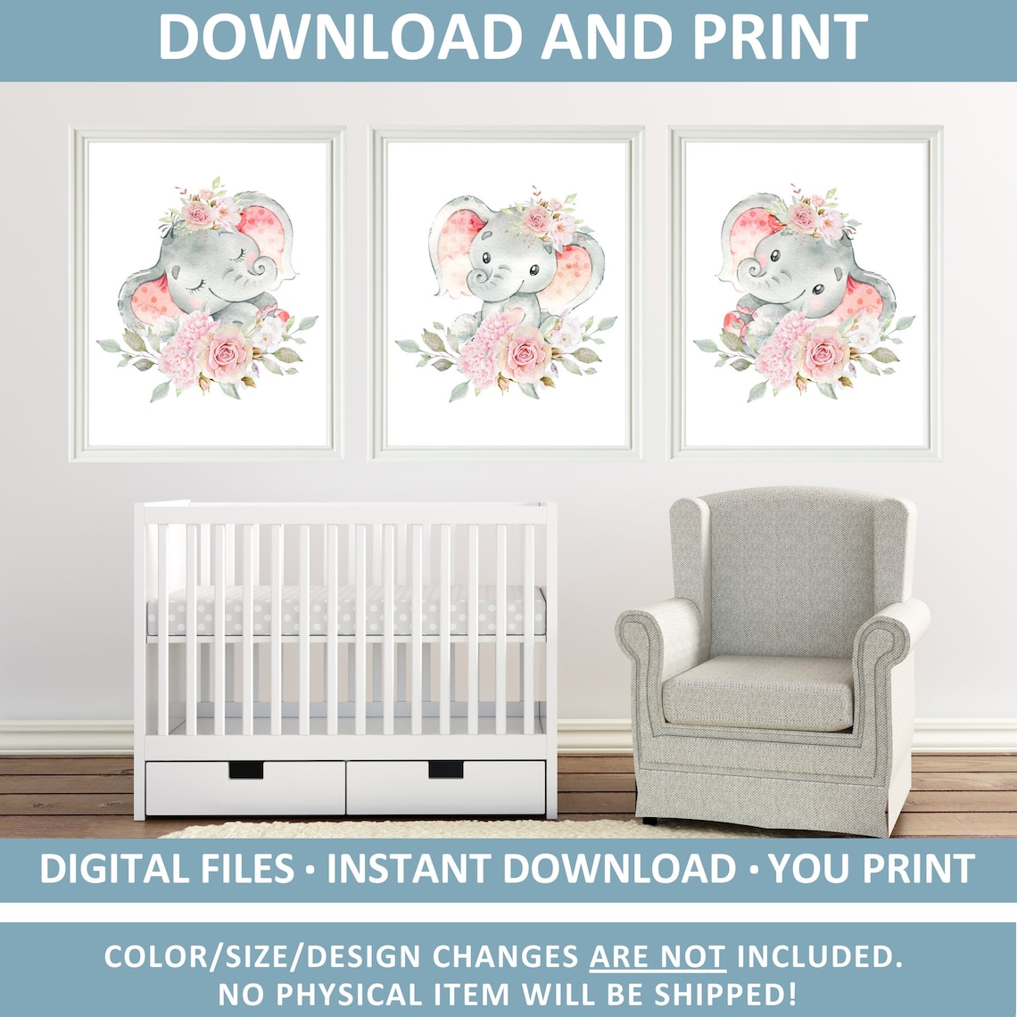 Printable Set of 3 Baby Elephant Prints Nursery Decor Girl - Etsy