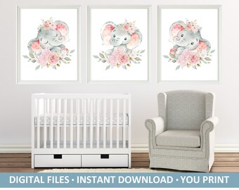 Baby Girl Elephant Nursery Wall Art Floral Animal Set of 3 - Etsy