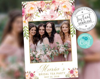 EDITABLE Bridal Tea Party Shower Photo Booth Frame, Selfie Frame, Prop, Watercolor Blush Flowers, Corjl Template, Instant Download, DIGITAL