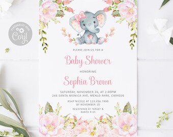 EDITABLE Baby Shower Sprinkle Invitation, Corjl Template, Watercolor Elephant, Blush Pink Flowers, Instant Download, Printable Digital BS053