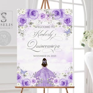 EDITABLE Quinceañera Welcome Sign Template, Lilac Purple Flowers, Birthday, Sweet 16, Signage, Mis Quince, Printable, Instant Download QU136