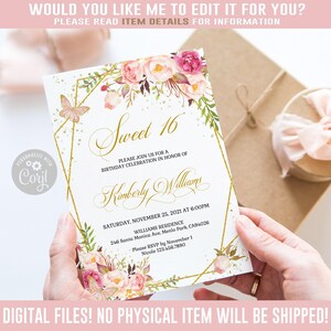 EDITABLE Sweet Sixteen Invitation, Blush Pink Boho Floral, Butterfly, Sweet 16, 16th Birthday, Corjl Template, Instant Download, SW16031