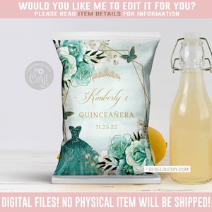 EDITABLE Quinceañera Chip Bag, Green Teal Butterfly Bag, Mis Quince, 15th Birthday, Party Favors, Corjl Template, Instant Download, QU054H