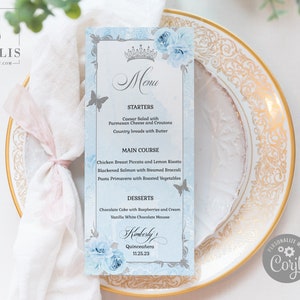 EDITABLE Menu Template, Quinceanera Sweet 16, Baby Blue Flowers, Silver, Butterfly, Mis Quince Anos, 15th Birthday, Instant Download, QU189