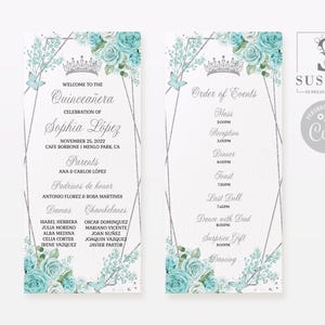 EDITABLE Program Template, Turquoise Flowers, Quinceañera, Butterfly, Order of service, Ceremony, Wedding, Sweet 16, Printable Instant QU181