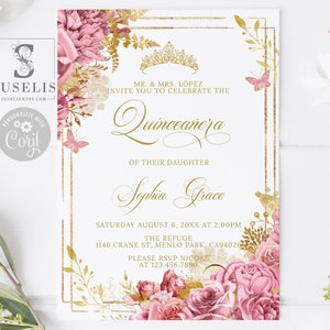 EDITABLE Template Quinceanera Invitation, Gold Pink Flowers, Butterfly, Mis Quince, Sweet 16 Sweet Sixteen, Printable Instant Download QU121