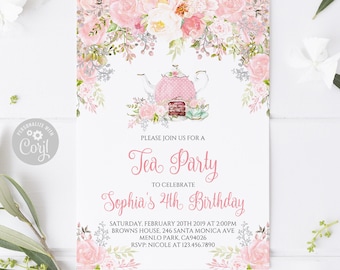 Editable Tea Party Birthday Invitation Digital Download 10-107