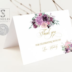 Editable Thank you Card Folded, Purple Lavender Violet Flowers, Wedding, Quinceanera, Mis Quince 15th Birthday Template, Instant, WS095