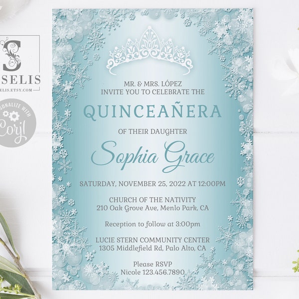 EDITABLE Winter Wonderland Quinceanera Invitation Template, Turquoise, Snow, Mis Quince, Sweet 16, Printable, Instant Download, QU164