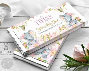 EDITABLE Template Twins Girl Baby Shower Chocolate Wrapper, Elephants, Candy Bar, Printable, Instant Download, Party Favors, Digital, BS094