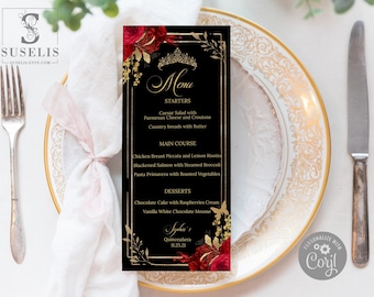 EDITABLE Menu Template, Red Flowers, Quinceanera, Sweet 16, Reception Menu, Mis Quince, 15th Birthday, Printable, Instant Download,QU140