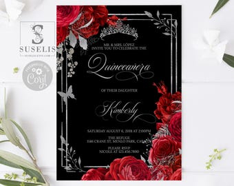 EDITABLE Template Quinceanera Invitation, Black Red Roses Flowers, Butterfly, Mis Quince, Sweet Sixteen, Printable Instant Download QU140