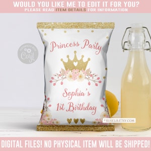 EDITABLE Princess Birthday Chip Bag, Corjl Template, Blush Pink Gold Floral Bag, Instant Download, Princess Favors, Digital file, 10-031