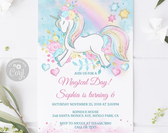 EDITABLE, Unicorn Birthday Invitation, Corjl Template, Magical, Pastel Flowers Invite, Instant Download, Girl, Printable, Digital, 10-140