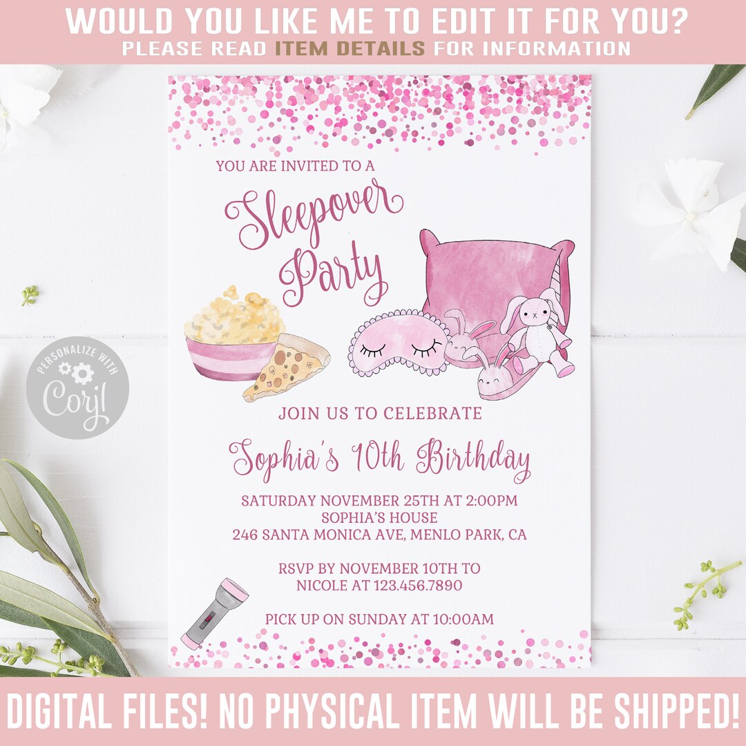 EDITABLE Sleepover Birthday Invitation, Corjl Template, Slumber Party ...