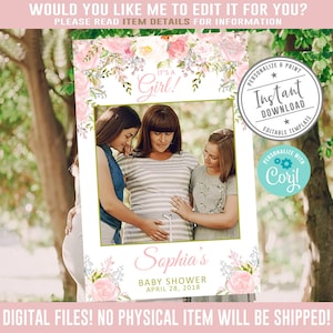 Editable Baby Shower Photo Booth Frame, Corjl Template, Watercolor Blush Flower Theme Selfie Frame, Instant Download Printable DIGITAL BS044