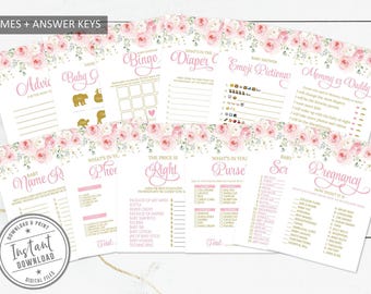Puede incluir: Un conjunto de 12 tarjetas de juegos para baby shower con bordes florales rosas y texto dorado. Los títulos incluyen Advice, Baby Bingo, Diaper Thoughts, Emoji Pictionary, Mommy or Daddy, Name Race, Phone Game, Price is Right y Pregnancy.