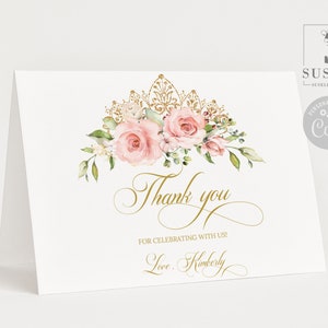 Editable Folded Thank you Card Template, Blush Pink Flowers, Quinceañera, Sweet Sixteen, Sweet 16, Printable Instant Download, QU021